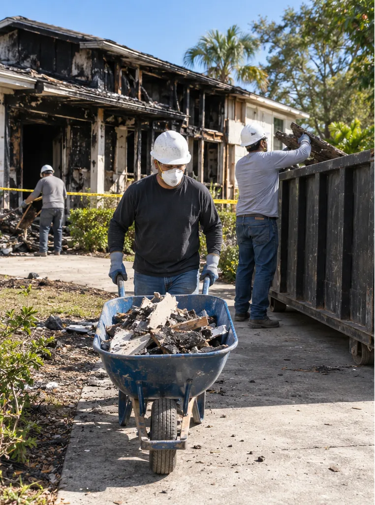 Crew working in a controlled fire debris removal scene
