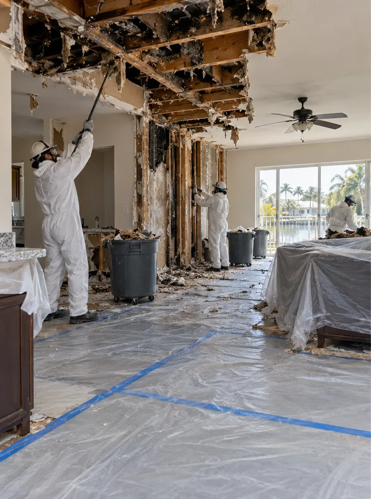 Crew working in a controlled post-fire property cleanout scene