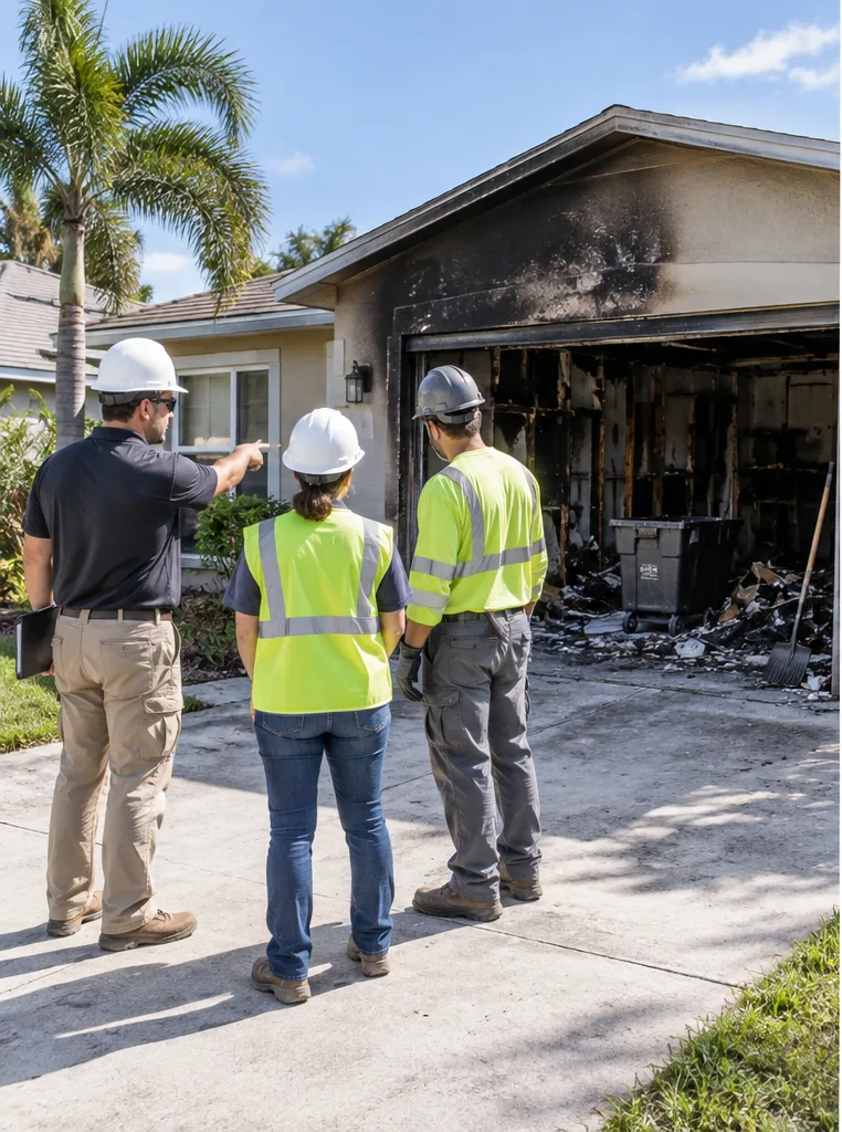 Crew working in a controlled fire damaged house demolition scene